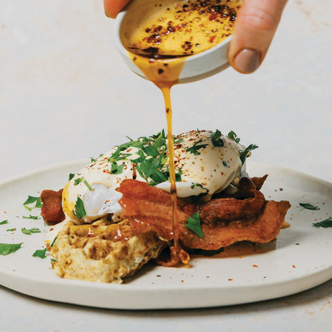 Potato Waffles with Crispy Bacon & Poached Eggs
