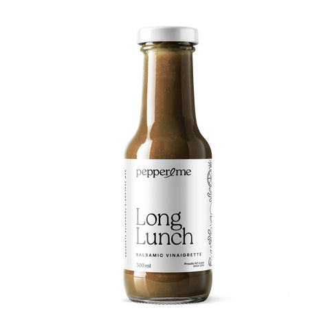 Bottle of 'Long Lunch' balsamic vinaigrette from pepperme on a white background